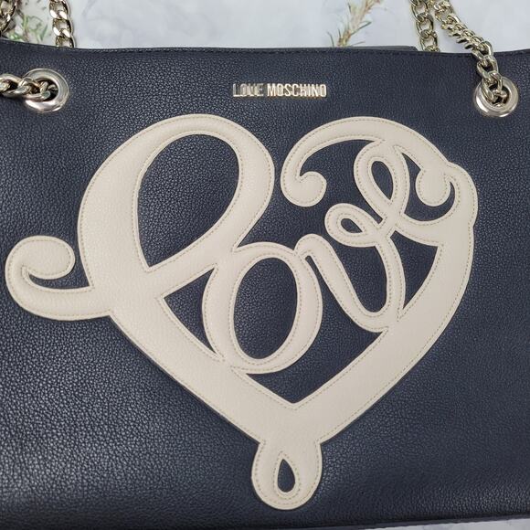 Love Moschino Black Heart Love Script Tote with Chain - Picture 2 of 16